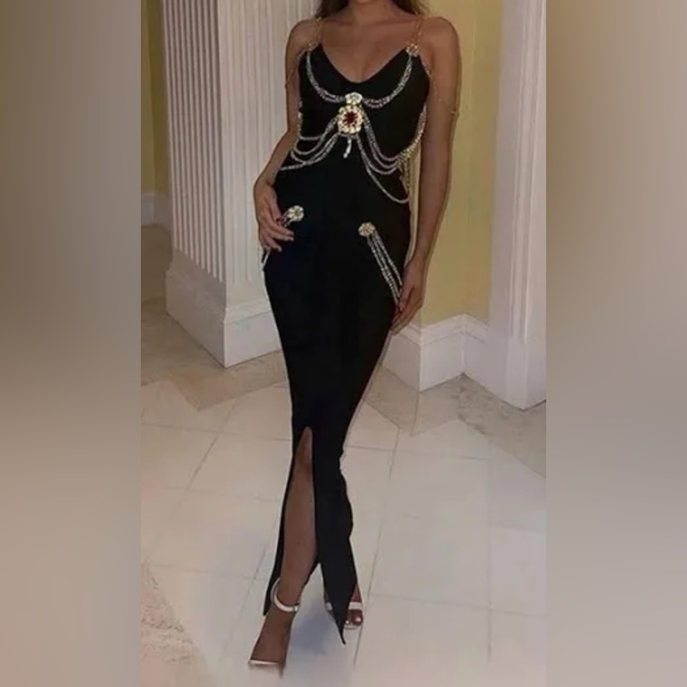 Black and Gold Bodycon Midi Bandage Dress with Spaghetti Straps